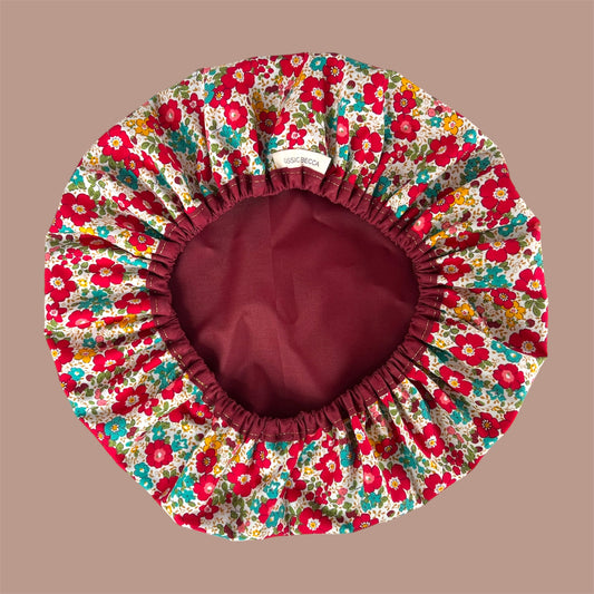 Shower Cap | Luxury Red Floral Fabric