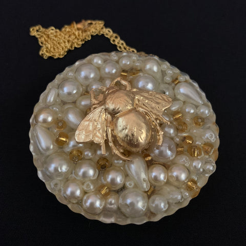 Pearl Bead Round Gold Leaf Bee Statement Necklace