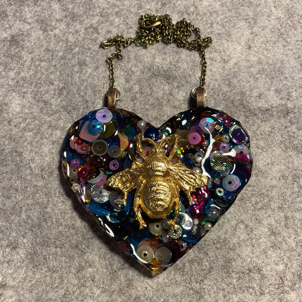 Sequin Heart & Gold Leaf Bee Statement Necklace