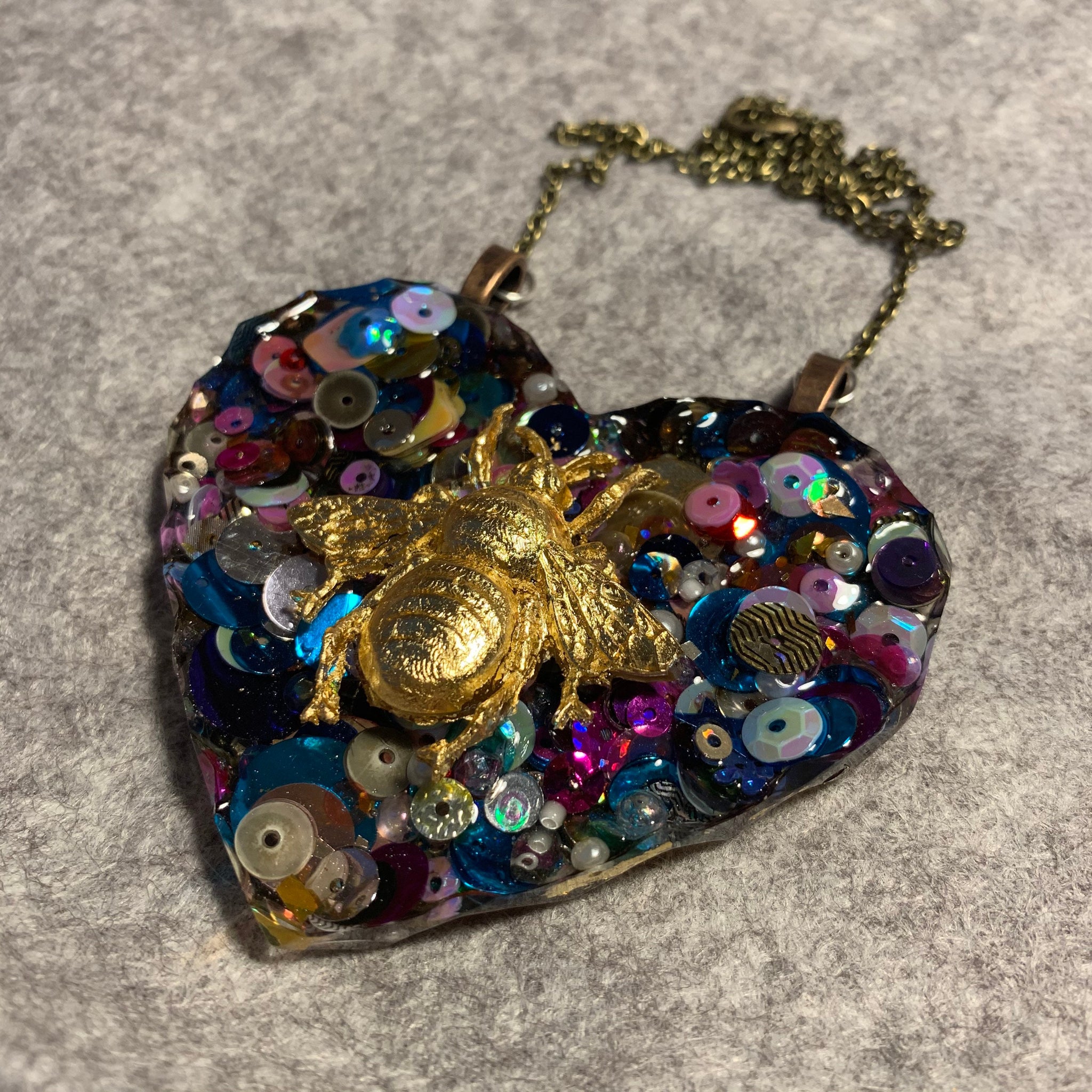 Sequin Heart & Gold Leaf Bee Statement Necklace
