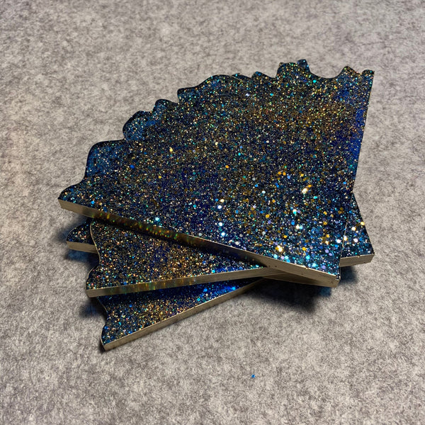 Set of Four Sapphire Blue and Gold Glitter Geode Style Coasters